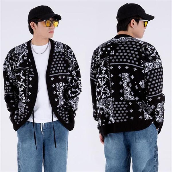 

men's sweaters oversize 2021autumn winter korean fashion loose lazy cashew flower cardigan hiphop casual coat, White;black