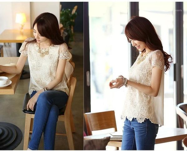 

summer women's chiffon shirts short sleeve collar beading embroidery o-neck lace blouse female clothing, White