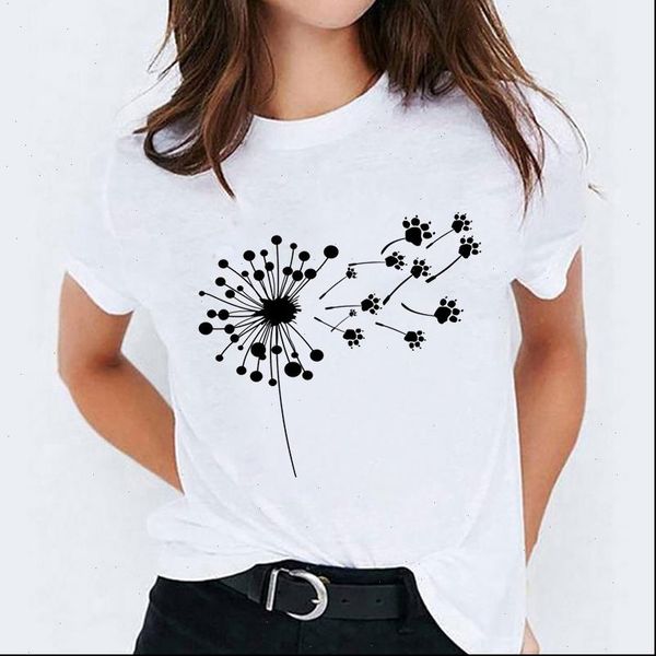 

90s cartoon dog paw women dandelion cute trend print graphic tee, White