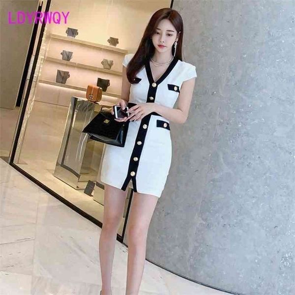 

ldyrwqy summer korean version of the v-neck short-sleeved button famous lady temperament hip wrap slim knit dress 210416, Black;gray
