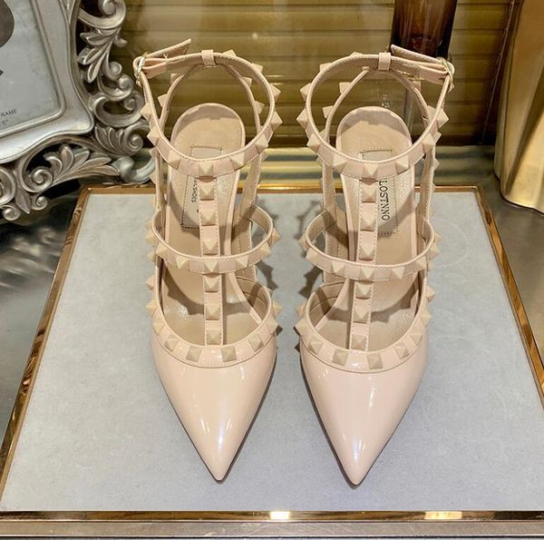 

sandals rivet v brand pointed high heels t-strap strap stiletto women sandals nude color leather large size sandalswithv t0n3, Black