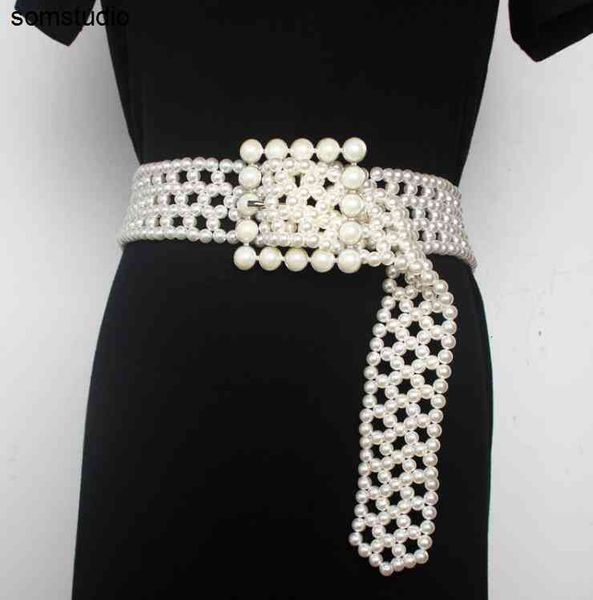 

women's runway fashion pearl knitted cummerbunds female dress coat corsets waistband belts decoration wide belt r2190, Black;brown