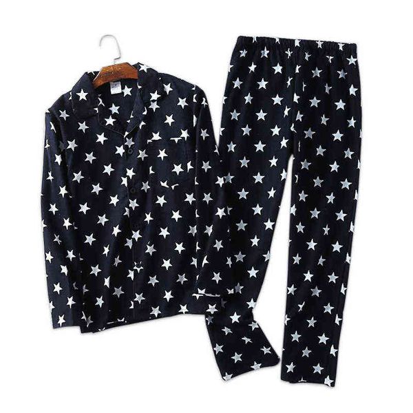 Moda Yıldız Karikatür 100% Fırçalanmış Pamuk Pijama Setleri Erkekler Bahar Sonbahar Rahat Ekose Erkekler Pijama Pijama Artı Boyutu 100kg 211111