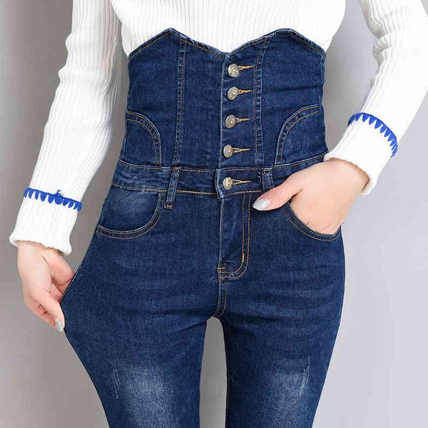 Super hohe Taille Slim Jeans für Frauen Vintage Damen Plus Größe vierreihige dünne weibliche elastische Denim-Hosen 210428