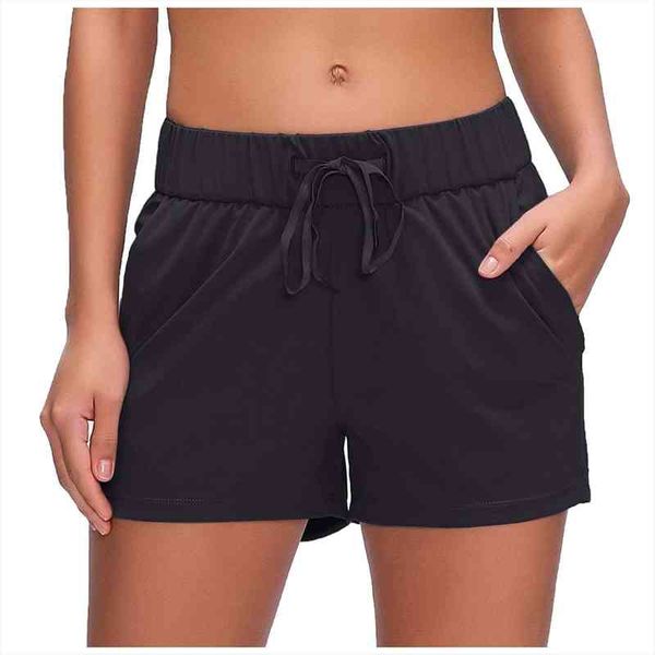 

solid color shorts women high waist drawstring quick dry elastic sports shorts casual pockets womens clothing p5, White;black
