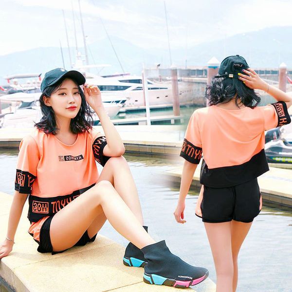 

women's set factory three piece sales conservative swimsuit student korean version small chest gathered fashio, White;black
