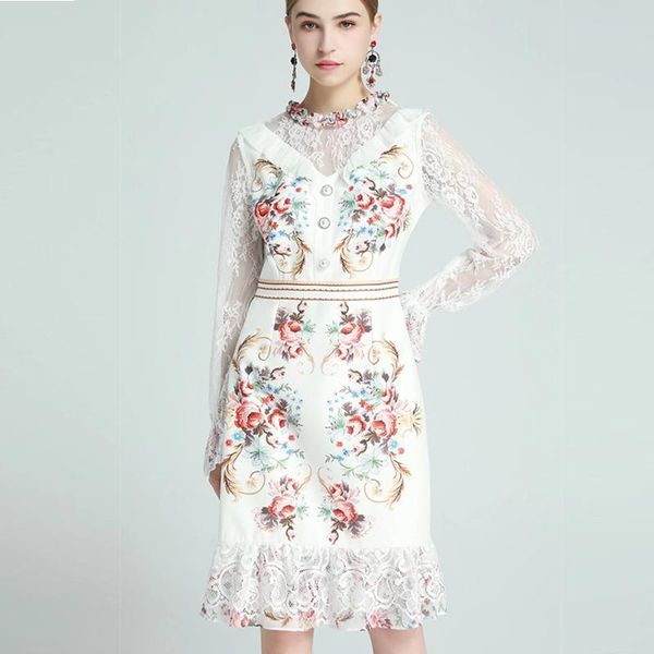 

casual dresses fashion designer 2021 autumn vintage dress women flare sleeve flower printed lace ladies, Black;gray