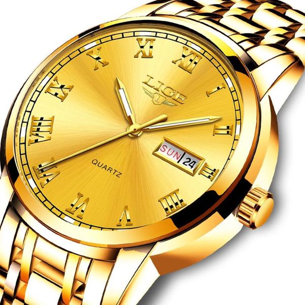 

wristwatches 2021 watches mens fashion quartz gold clock lige brand luxury all steel men wristwatch waterproof date week dial watch+box, Slivery;brown