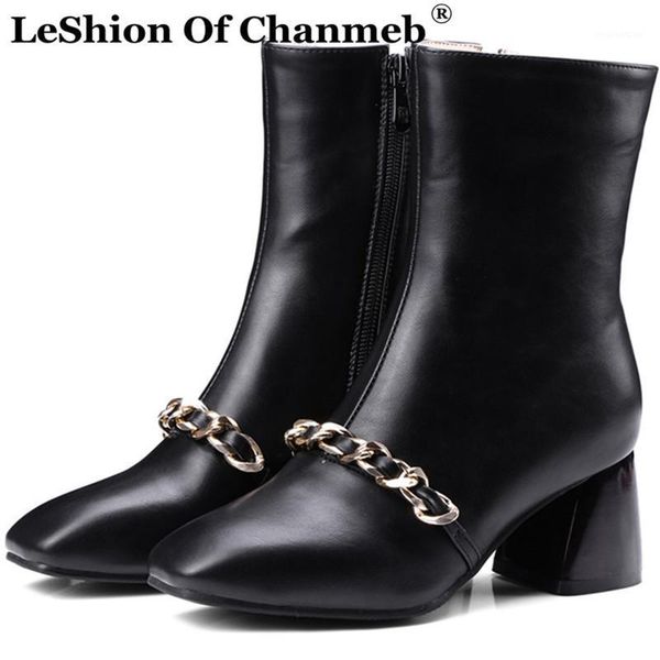 

boots small size 32-46 women's brand designer gold chain shoes woman zipper block medium heels ankle lady black blue nude1
