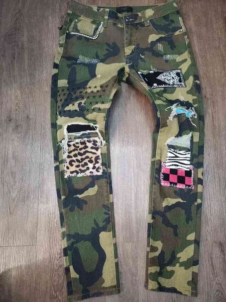 

am army green double knee patchwork cashew flower slim fit small foot stretch high street slp jeans pants, Blue