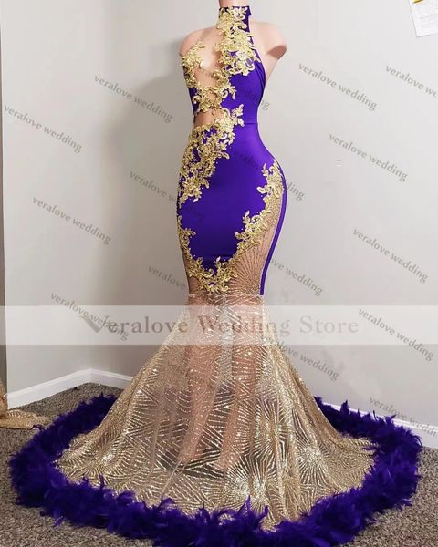 

sparkly purple mermaid evening dress high neck feather beads luxury prom gowns african women formal party gowns, Black