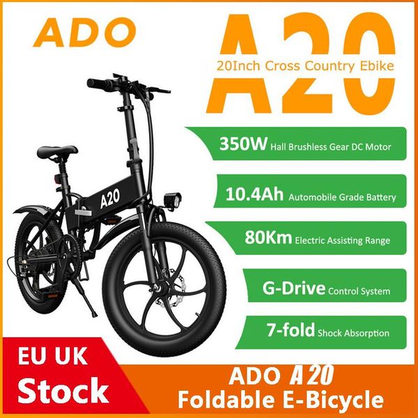 

2021 [eu uk stock] ado a20 foldable electric bicycle 20 inche tire 350w dc motor 35km/h removable battery mountain bike for fast, Silver;blue