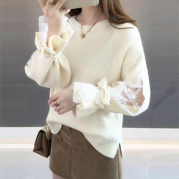 

women loose pullover hollow womens sweaters lantern sleeve lazy spring and autumn, White;black