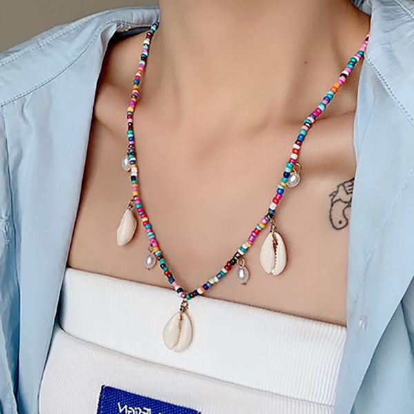 

chokers moloye colorful rice beads natural shell simple necklace niche design bohemian pearl clavicle chain ladies accessories, Golden;silver