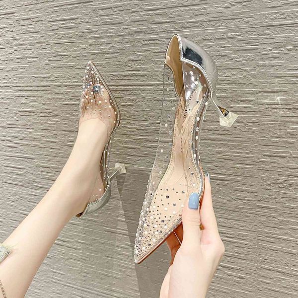 

9976-1 transparent high heels women's thin heel pointed net red diamond single sho wedding