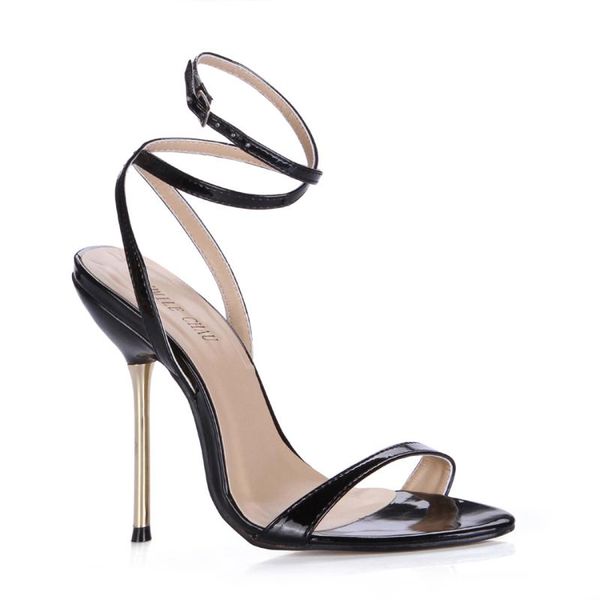 

summer 11cm high heeled sandals fashion patent stiletto thin heel ankle strap open toe party dress women shoes 5-i11, Black