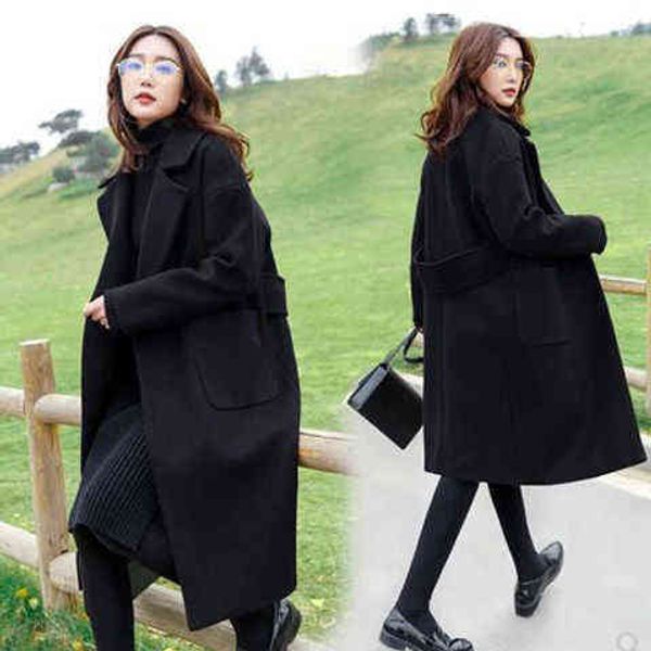 

korean spring and autumn dress big size loose hepburn style long woolen coat women's thin black