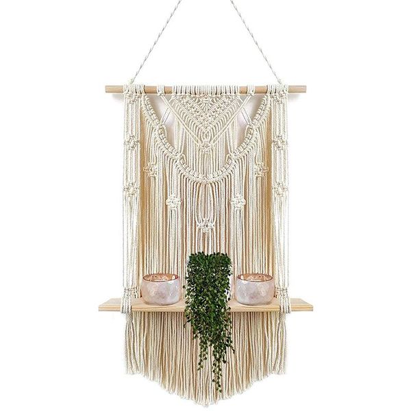 

hooks & rails macrame wall mount with floating wooden shelf handmade tassel for hanging plants and decoration