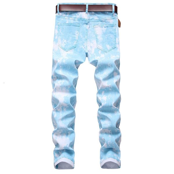 

men casual jeans colorful printing skinny elastic jean straight denim pants washed high quality, Blue