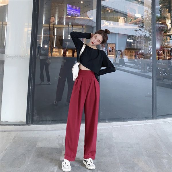 

capri vintage brown thicken suit for the women autumn winter fashion high waist straight harajuku harem pants 2021 korean clothes, Black;white