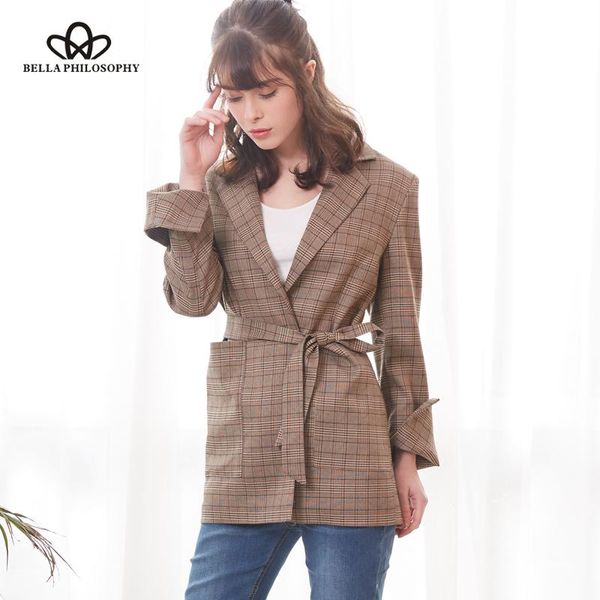 

herstory au women vintage jacket long split sleeve bow sashes female plaid loose office lady feminino women's jackets, Black;brown