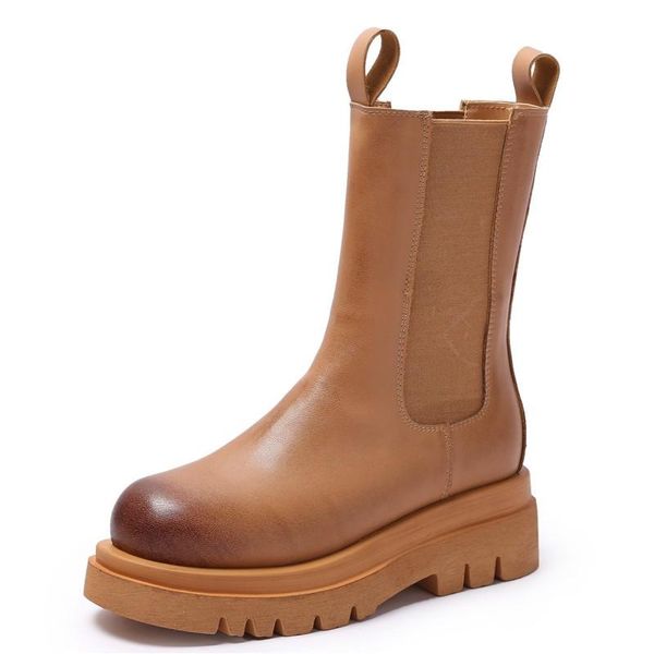 

boots rasmeup stretch women's high 2021 genuine leather fashion women autumn round toe ladies platform footwear, Black