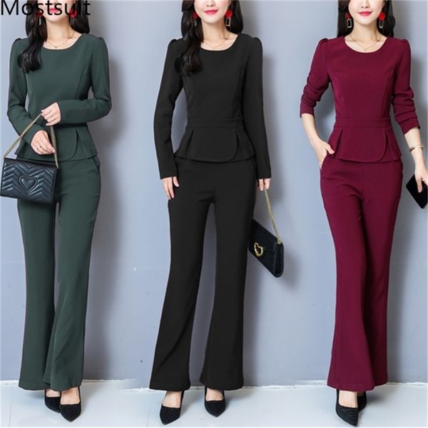 

spring two piece sets women plus size long sleeve tunic and flare pants suits ol style elegant korean women's 210513, White