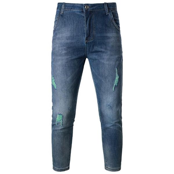 

men's jeans 2021 slim-fit frayed jeans, comfortable stretch ripped cotton straight-leg denim trousers, Blue