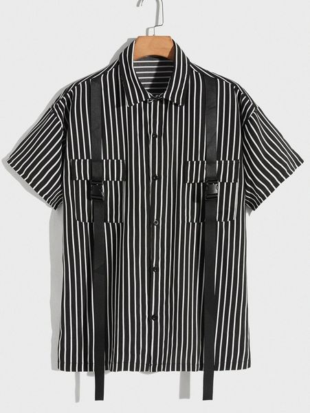 

romwe guys striped button front contrast tape shirt l4yc#, White;black