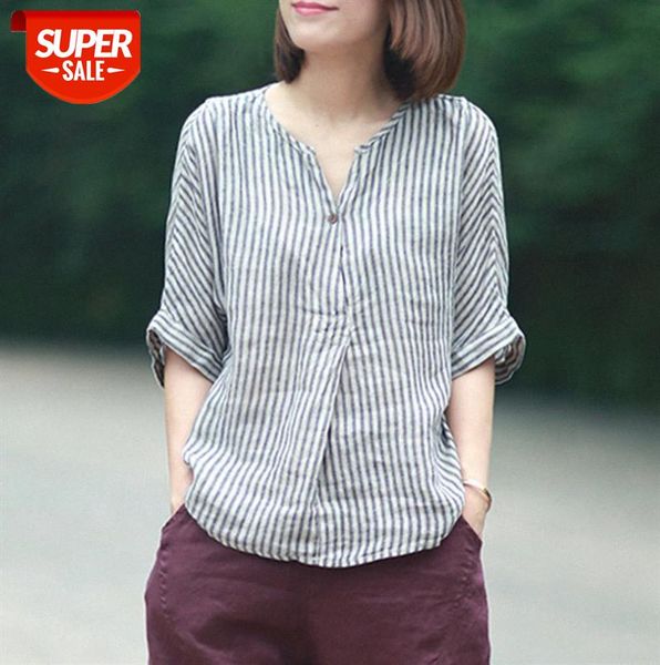 

literary retro fan female v-neck loose pullover cotton and linen short-sleeved striped shirt bat sleeve #ba5l, Black;gray