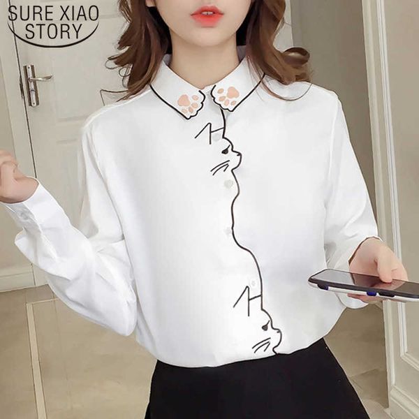Padrão branco camisa feminino mulheres tops outono manga comprida bordado mulheres blusas camisa de escritório menina camisa feminina blusa 7902 50 210527