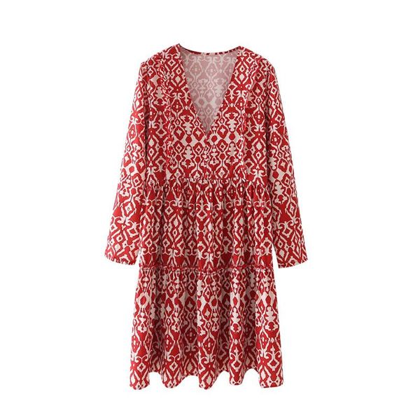 

casual dresses puwd elegant woman red print loose dress 2021 summer fashion ladies v neck female oversized long sleeved, Black;gray