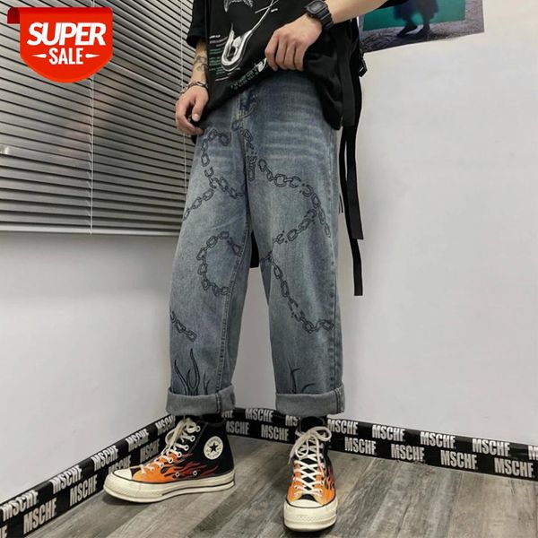 

2021 hip hop pants man women streetwear vintage chain fire flame print men trousers harajuku oversized joggers jeans loose #jh4r, Blue