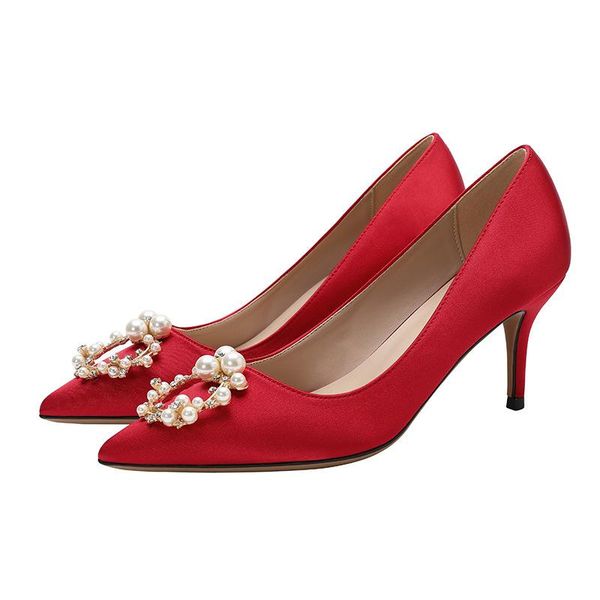 

dress shoes spring shallow mouth high heel pointed wedding chinese bridal red thin party single, Black