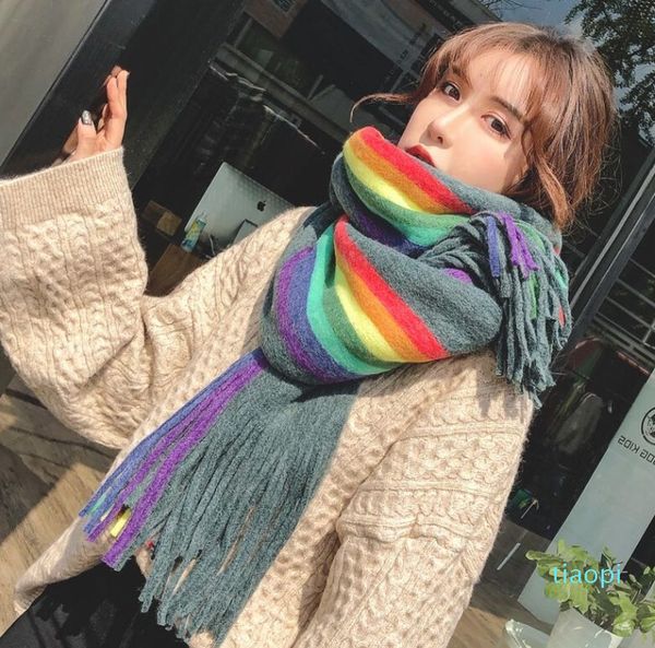 

8809 2021 autumn and winter scarves fashion leisure rainbow plaid shawl temperament scarf wool and cashmere thicken increase high quality, Blue;gray