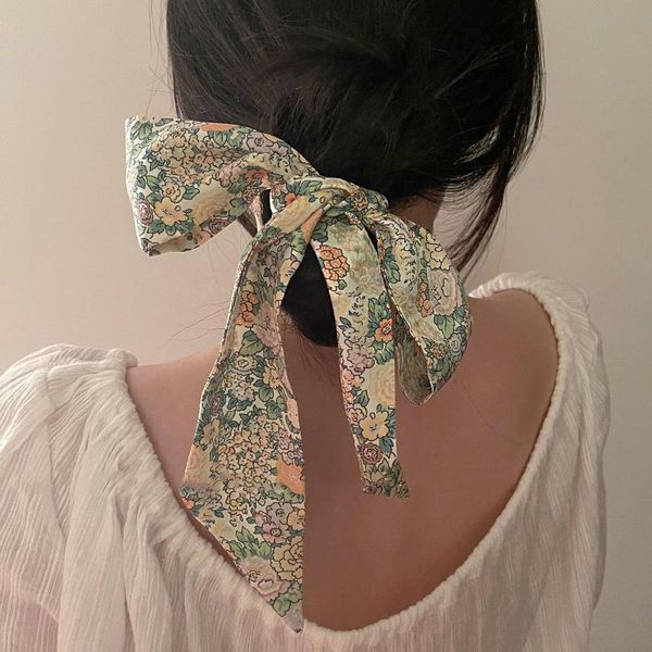 

hair clips & barrettes aomu 2021 summer french romantic green floral silk scarf retro long streamer flower headband for women party accessor, Golden;silver