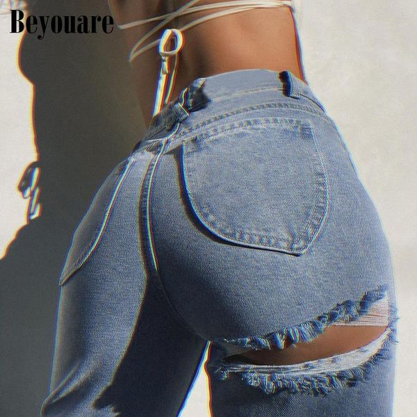 

beyouare fashion hollow out loose jeans pants women high waist straight trousers 2021 spring denim light blue casual streetwear women's