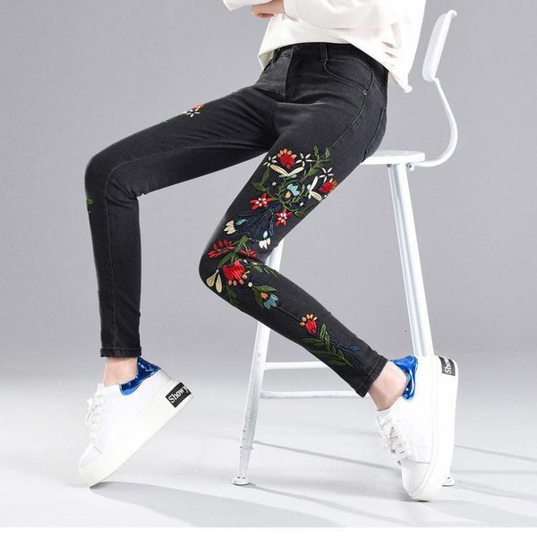 

women's jeans plus size 4xl flowers embroidery woman vintage pencil pants high waist ny women long trousers c3887, Blue