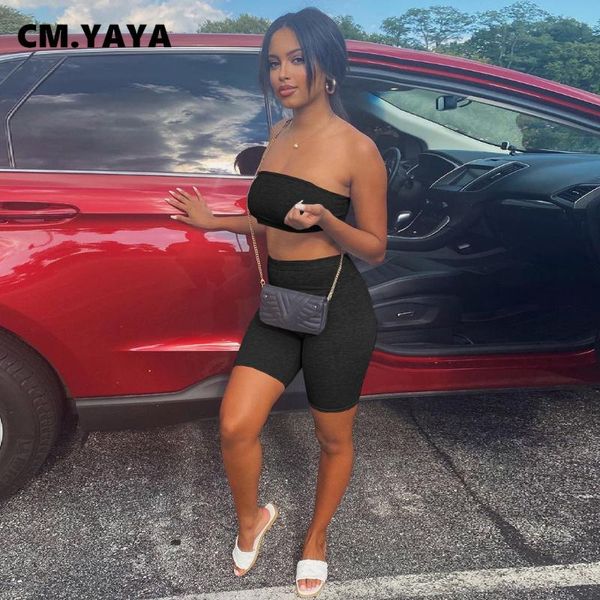 

women's tracksuits cm.yaya women set solid sleeveless strapless crop stretchy shorts two 2 piece sets active tracksuit casual outfit s, Gray