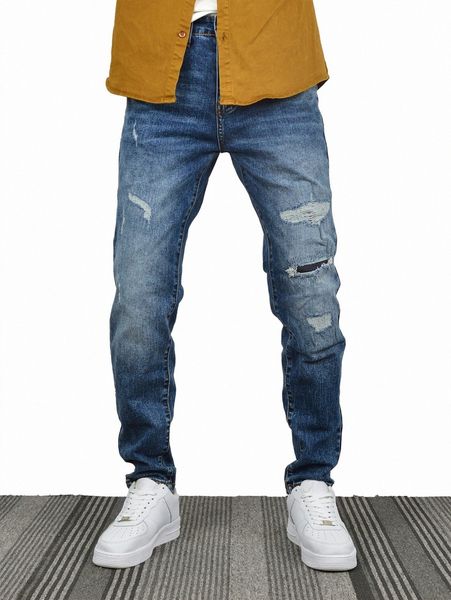 

men bleach wash ripped frayed rag stitching jeans o2sg#, Blue