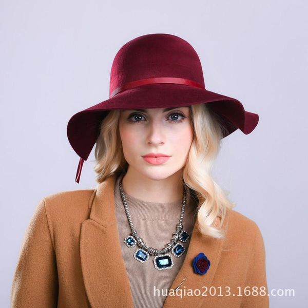 

stingy brim hats lady wool hat noble fedoras female elegant dome cap girls woolen fedora felt basin caps b-8864, Blue;gray