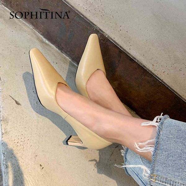 

sophitina pumps woman genuien leather shallow pointed toe concise style silid high thin heel office lady shoes po1049 210513, Black