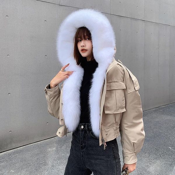 

women's fur & faux large pockets casual overcoat real collar thickened warm fashion short coats rex liner winter parka, Black