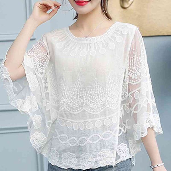 

summer blouse women fashion woman blouses o-neck embroidery chiffon blouse women blusas womens and blouses c926 210426, White