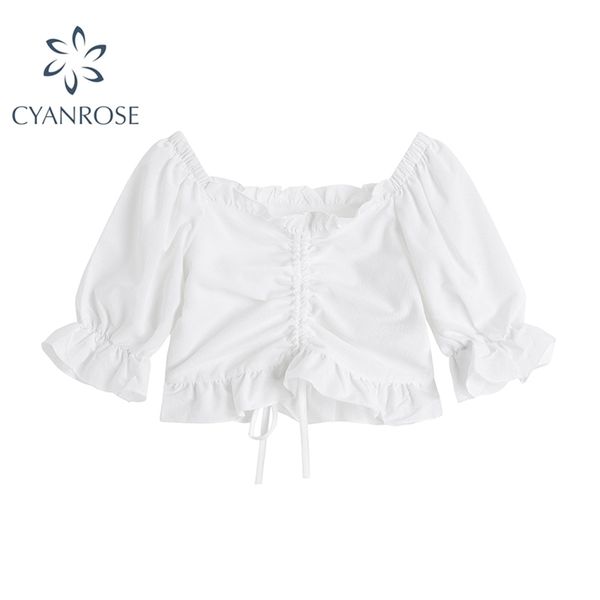 

women' summer white crop blouses draped drawstring lace-up ruffle vintage design shirt sweet short sleeve korean slim blusas 210515