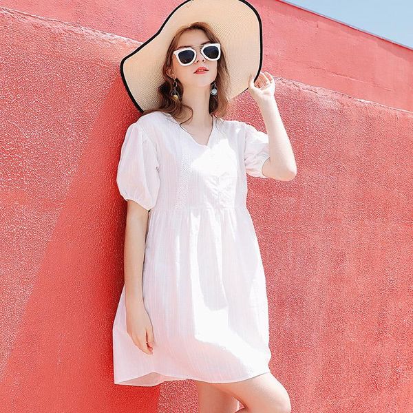 

loose summer maternity dresses cotton blouses shirts v-neck pregnant dress pregnancy clothes for women, White