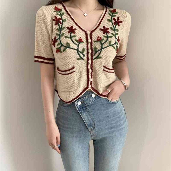 

vintage floral embroidery blouses 2020 new summer elegant v-neck crochet shirt women short sleeve crop top, White