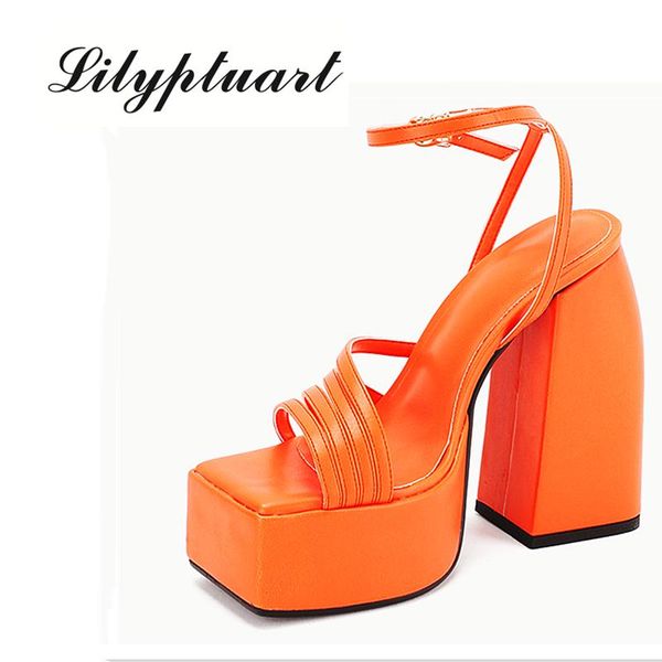 

sandals 2021 high heels women thick platform female slippers buckle strap dress office ladies wedding microfiber leather 42, Black