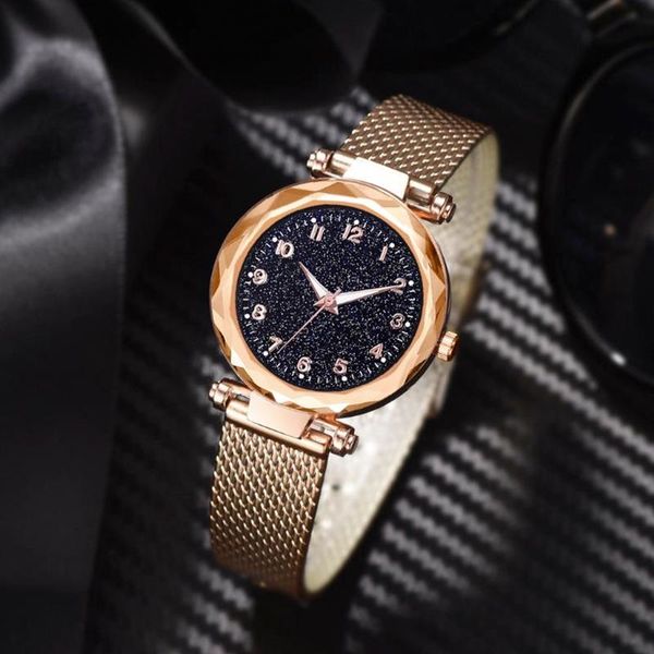 

wristwatches luminous starry sky montre femme women watches luxury ore glass magnet alloy ladies watch roman clock quartz, Slivery;brown