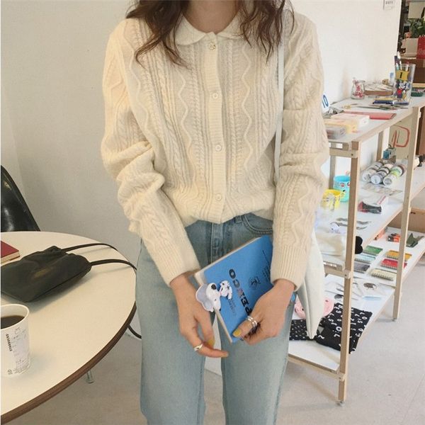 

chic vintage delicate women twisted knitted brief peter pan collar loose casual autumn cardigans sweaters 210421, White;black